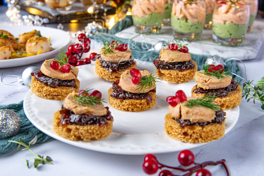 gingerbread toasts topped with onion confit and foie gras